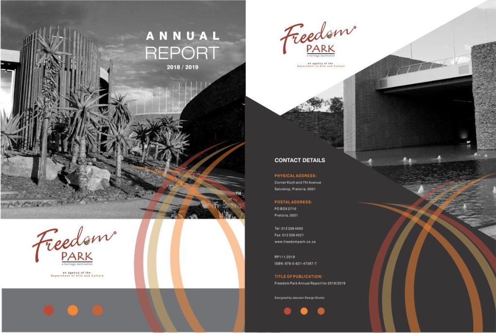 Freedom Park Annual Report cover design featuring symbolic South African heritage artwork and professional layout by Jabulani Design Studio